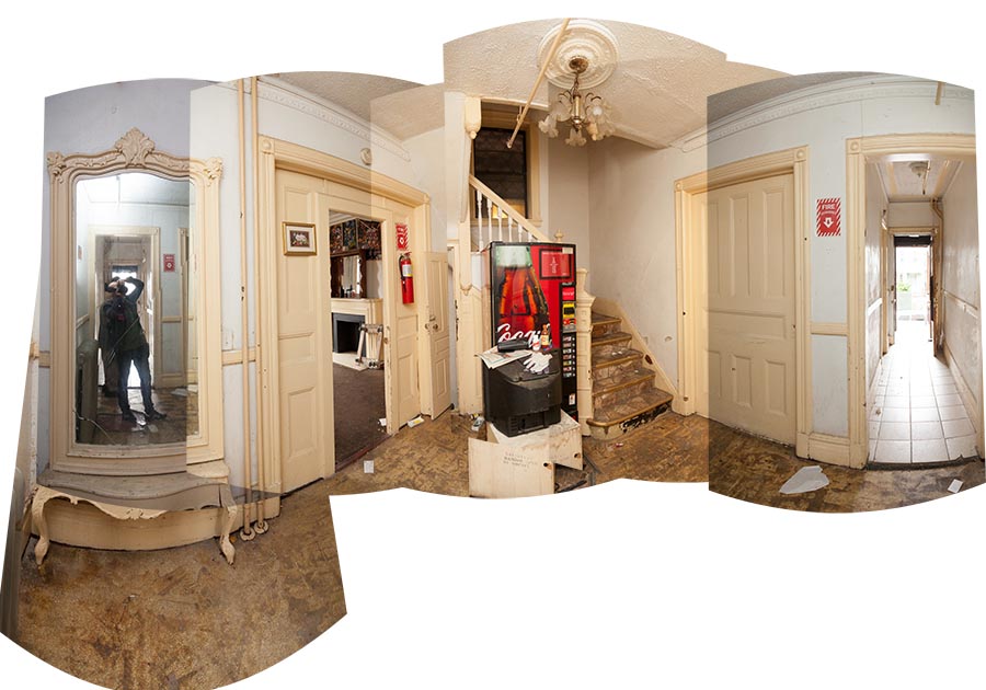 Panorama on the parlour level, before the GCs did their hasty work.  Alas, but the coke machine was removed before we closed.