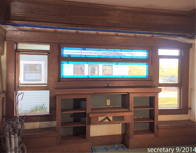 Secretary and windows. This is a south facing wall and the wood was very dry and difficult to work with at each stage.